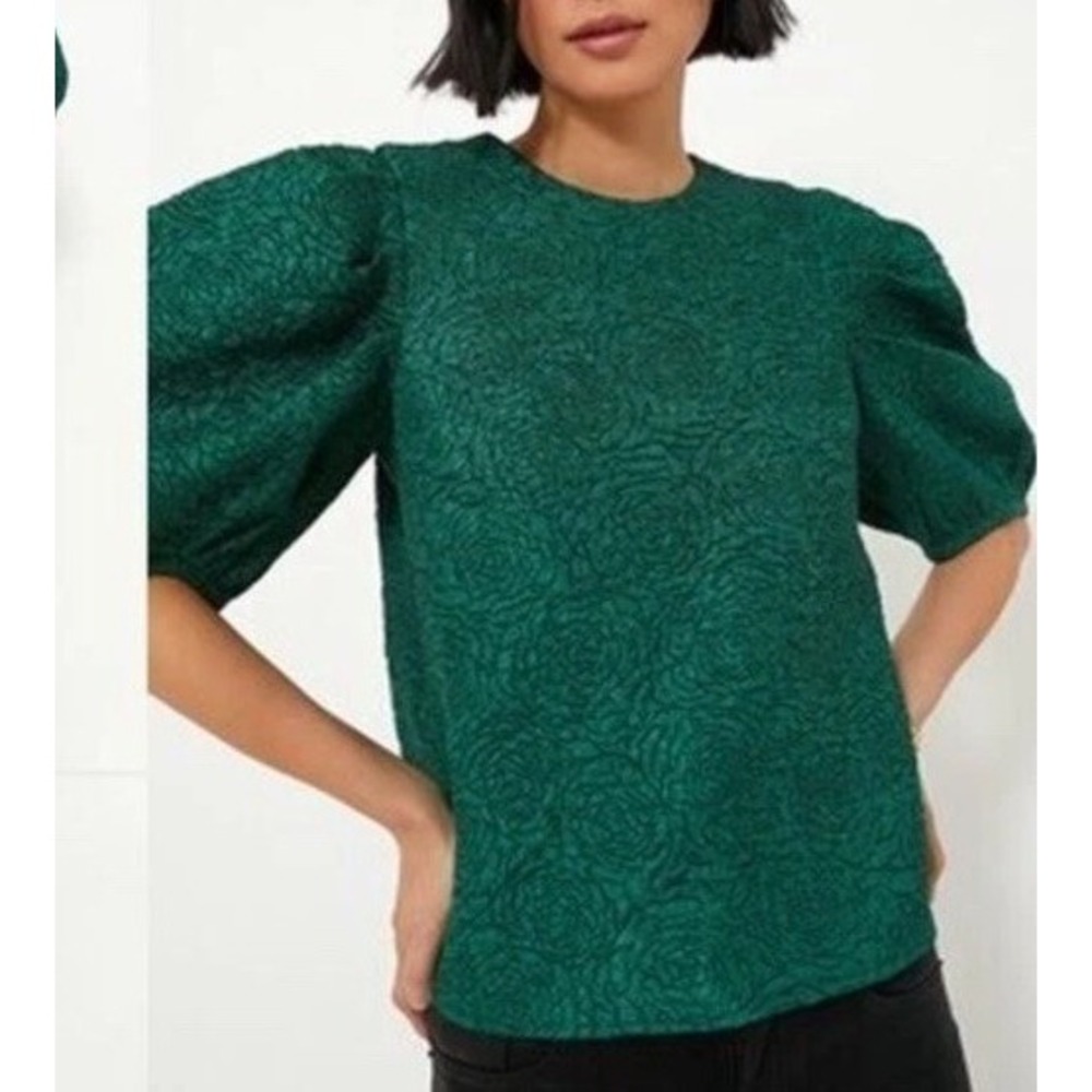 Hyacinth House Noelle Blouse In Jacquard Green SZ S Preppy Holliday Puff Sleeves